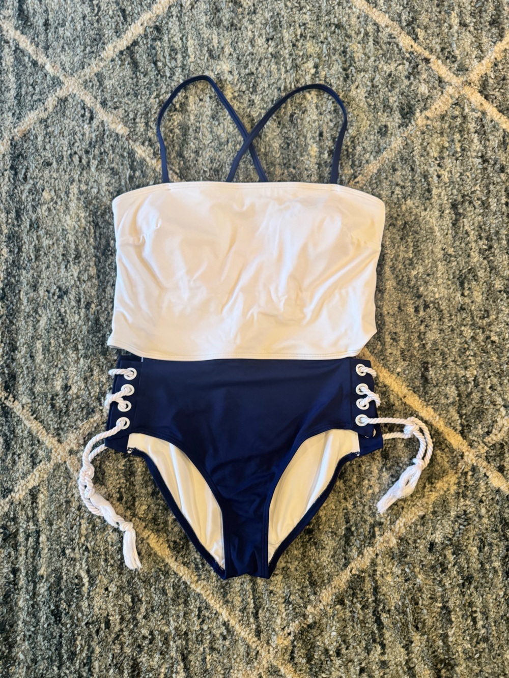 VENUS White and Navy Lace-Up One-Piece Swimsuit